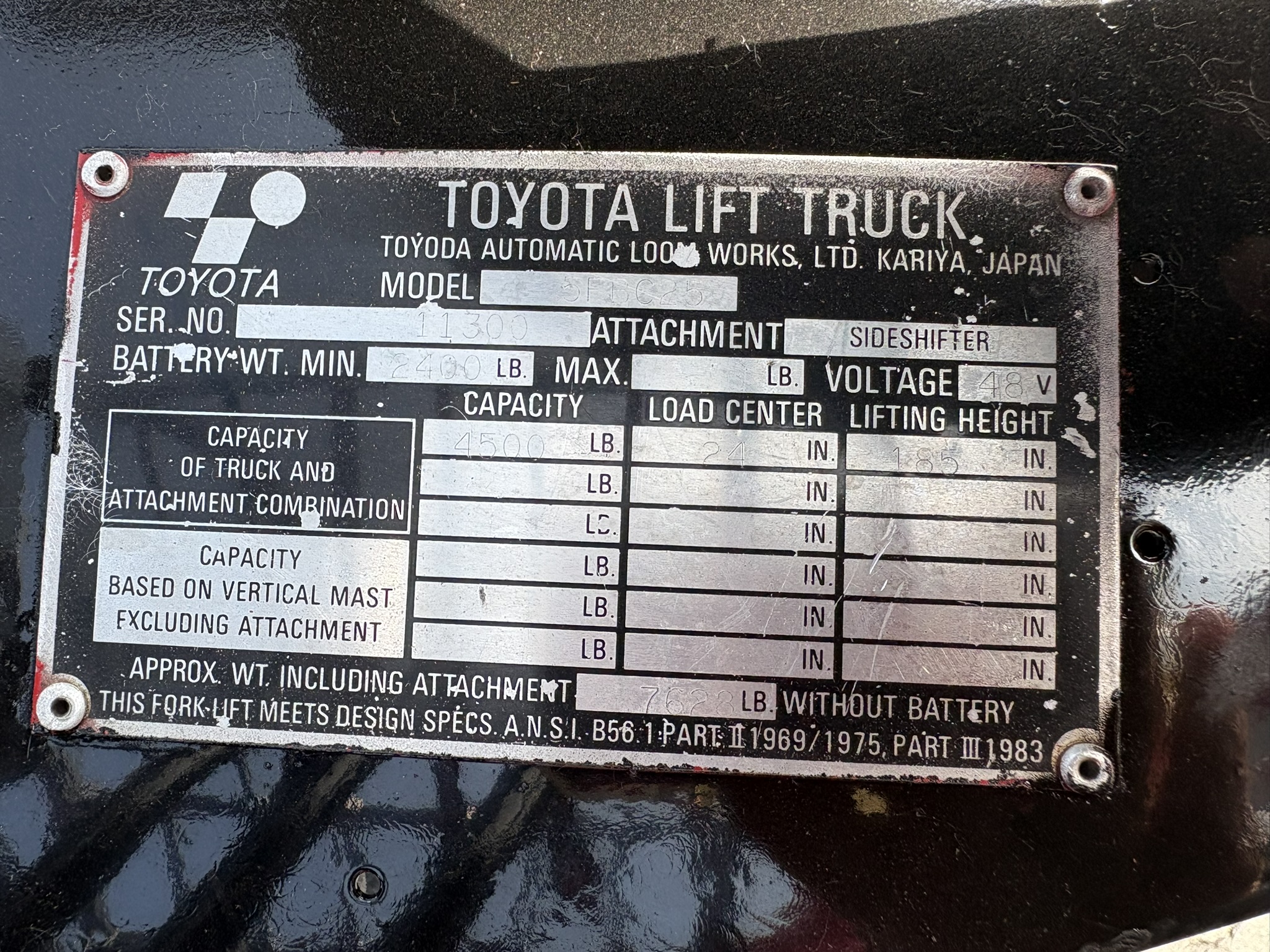 1994 Toyota 5FBC25 electric forklift capacity plate