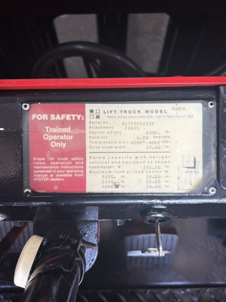 Hyster H50XL forklift capacity and identification plate