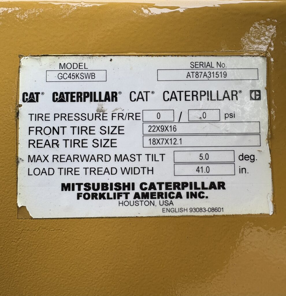 2016 CAT GC45KSWB forklift identification plate