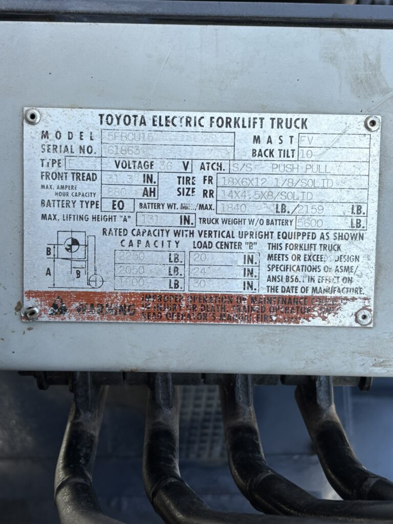Toyota 5FBCU15 forklift capacity plate