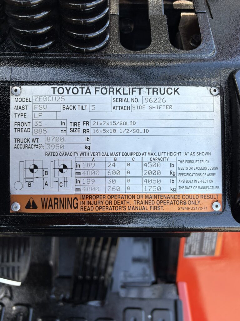 Toyota 7FGCU25 forklift capacity plate