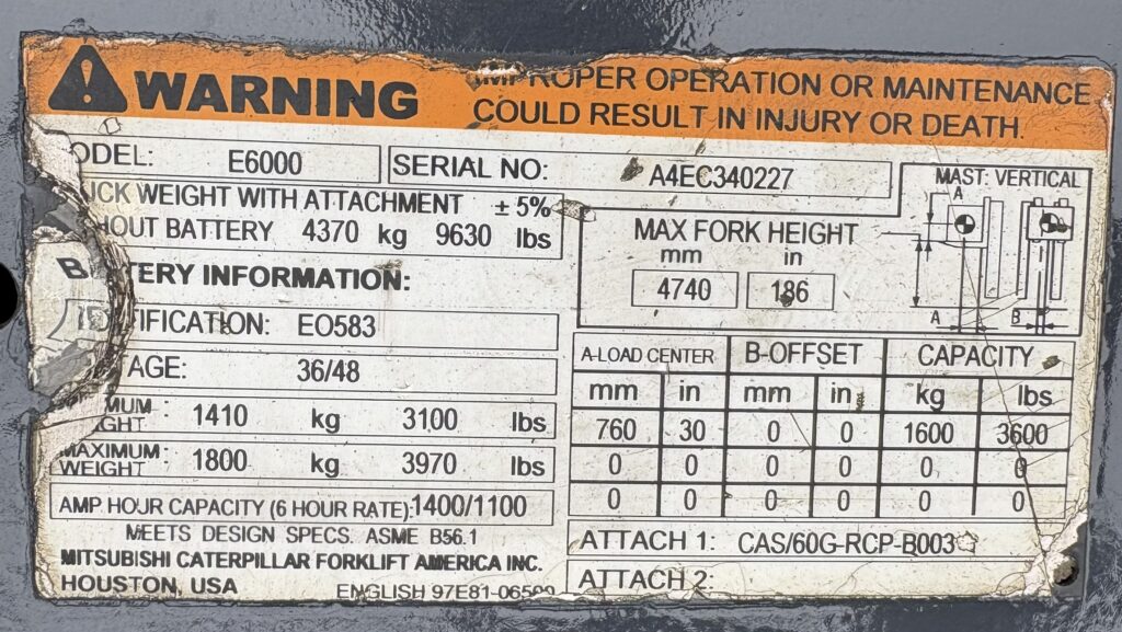 CAT E6000 forklift capacity plate